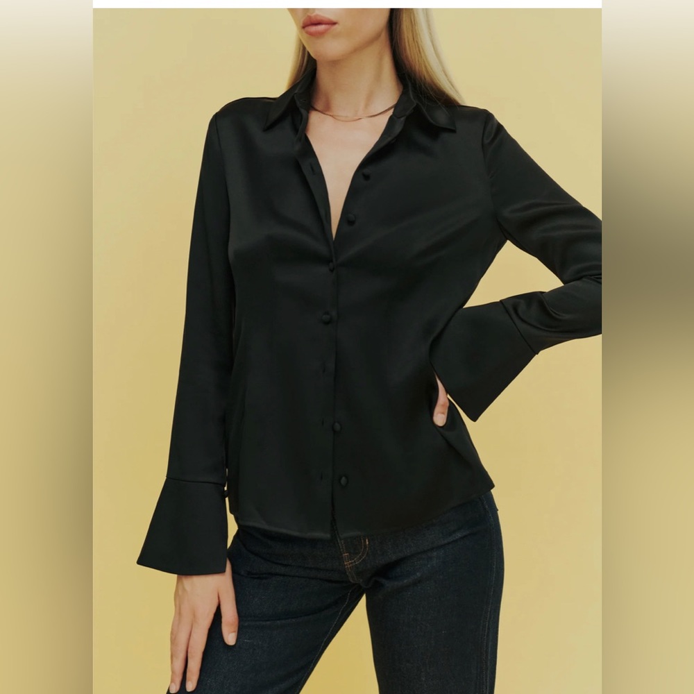 Reformation Samara Satin Shirt - Button Down Blouse in Black
